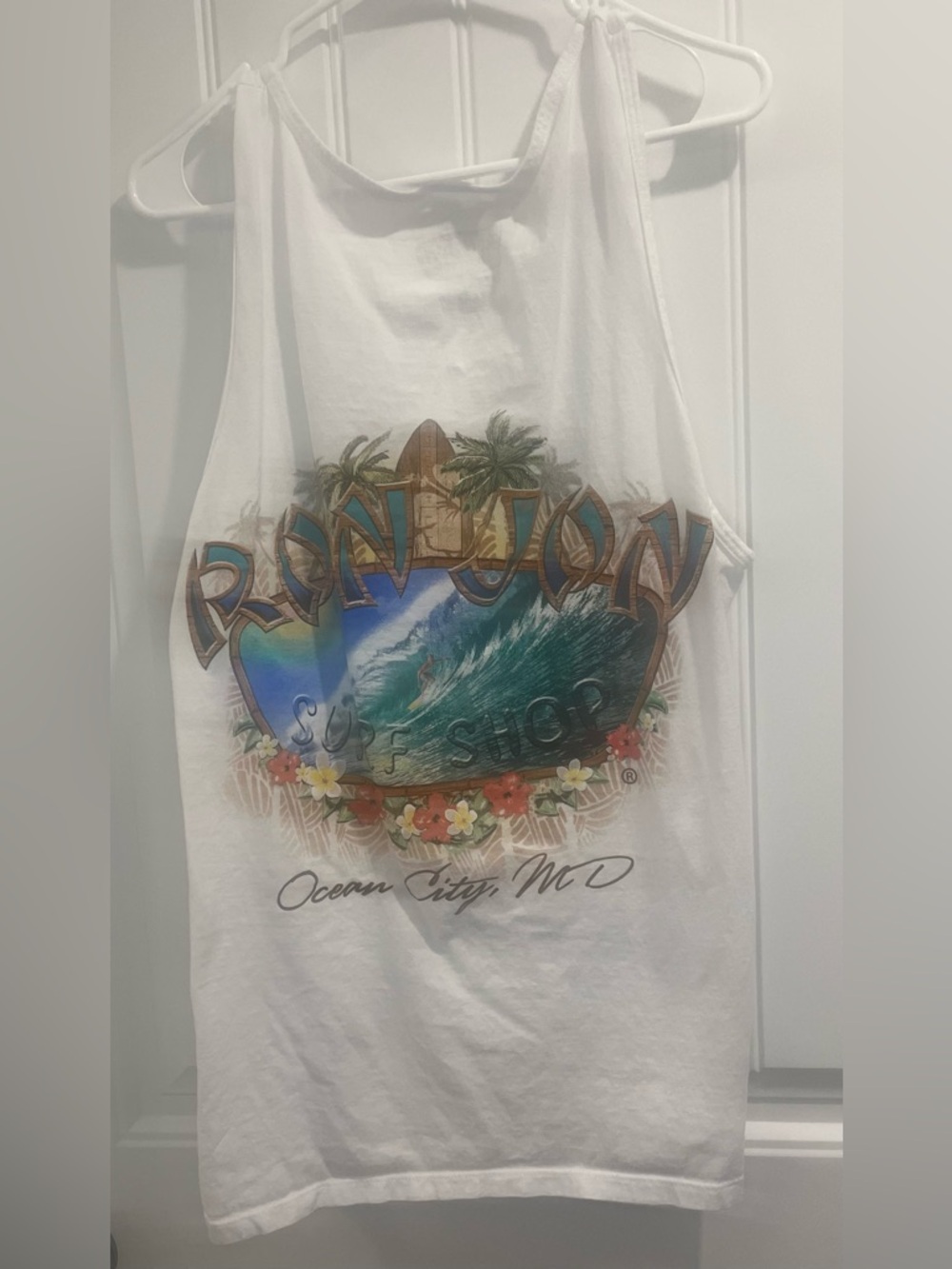 Ron Jon White Tank Top with Blue Surf Shop Logo and Tan Palms Size XL - Picture 5 of 5